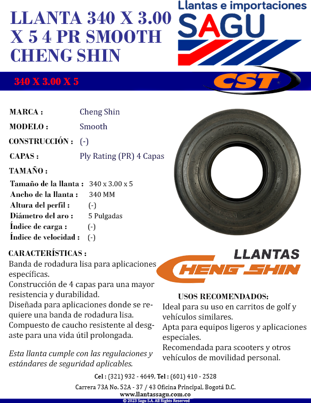 LLANTA 340 X 3.00 X 5 4 PR SMOOTH CHENG SHIN